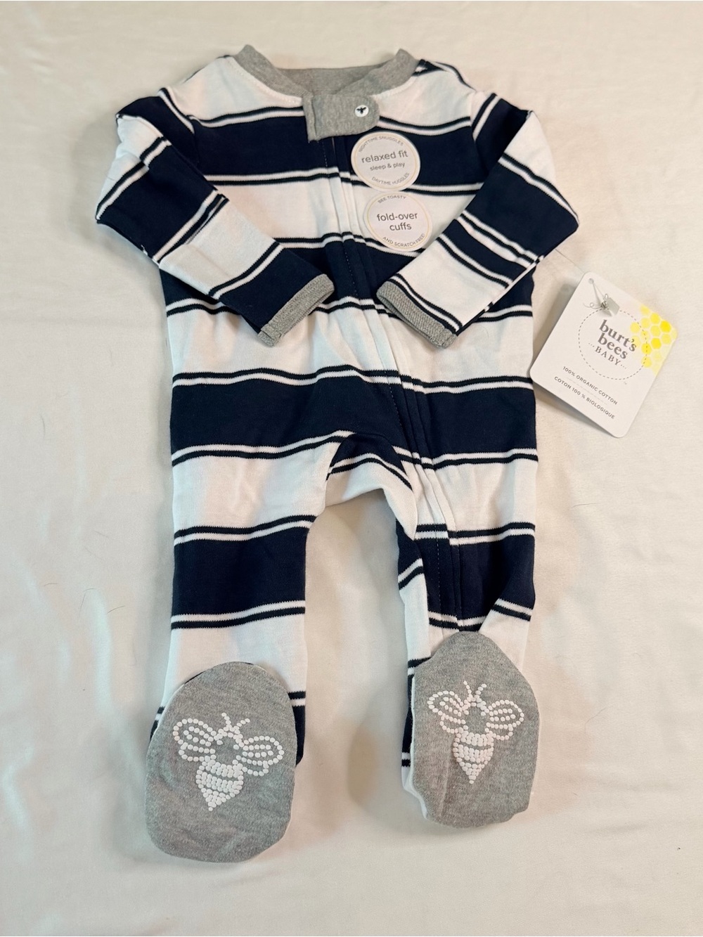 Burt’s Bees Baby‎ Newborn Organic Cotton Striped Zip Sleeper Bee Feet NWT